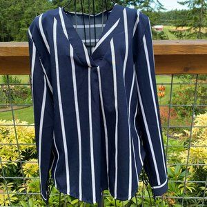 Classy Blue & White Striped Long Sleeve V-neck Blouse size Medium